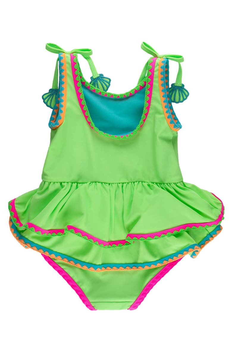 RuffleButts UPF50+ Crochet Detail Peplum One Piece Swimsuit, Alternate, color, Neon Honeydew