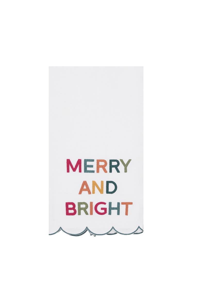 Merry And Bright Phrases Embroidered Christmas Towel, Main, color, White