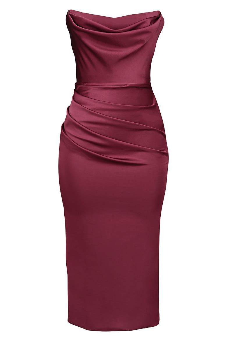 Santana Strapless Draped Satin Corset Cocktail Dress, Alternate, color, RHUBARB