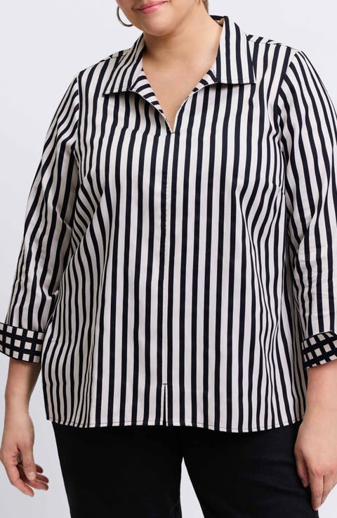 Agnes Stripe Long Sleeve Cotton Sateen Top (Plus)