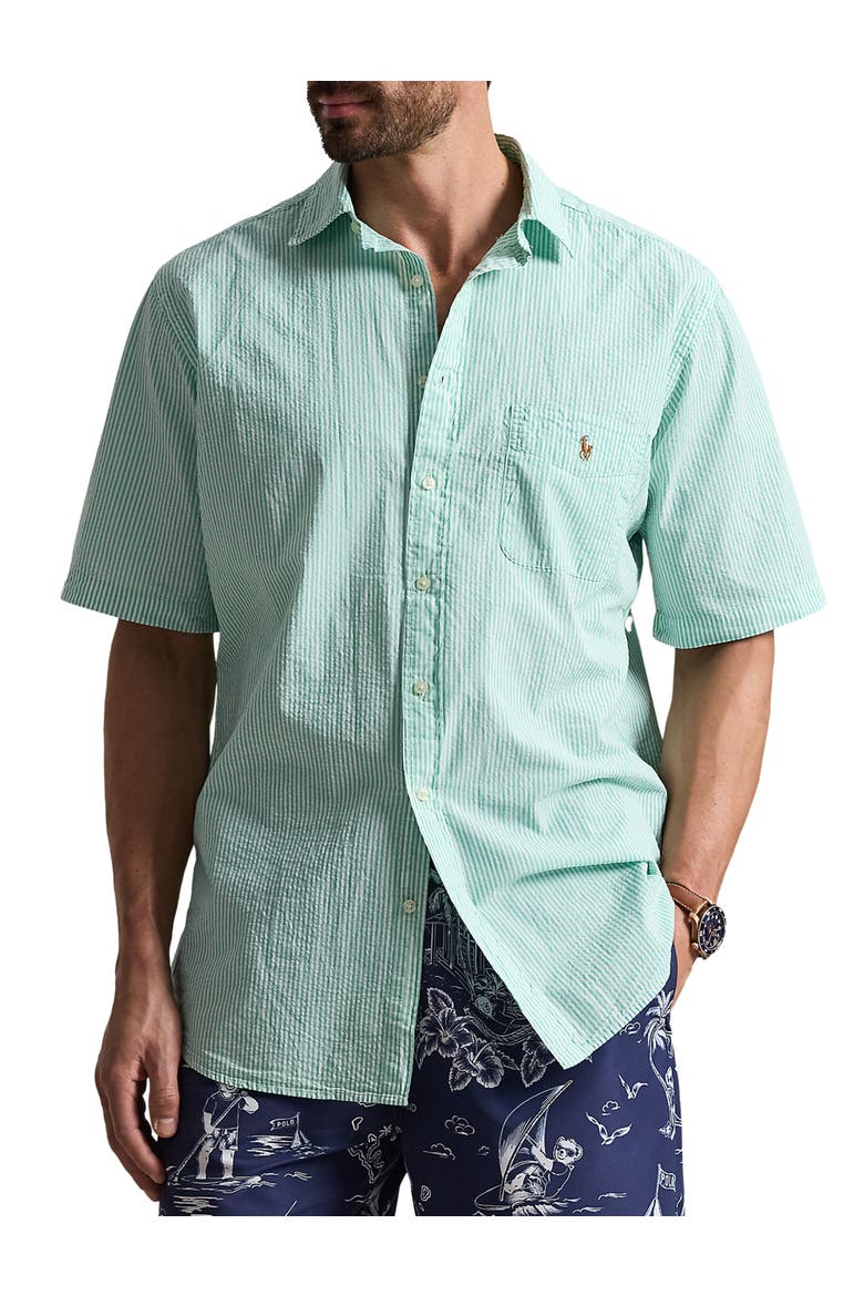 Big & Tall Seersucker Stripe Sport Shirt, Main, color, KEYWEST GREEN WHITE