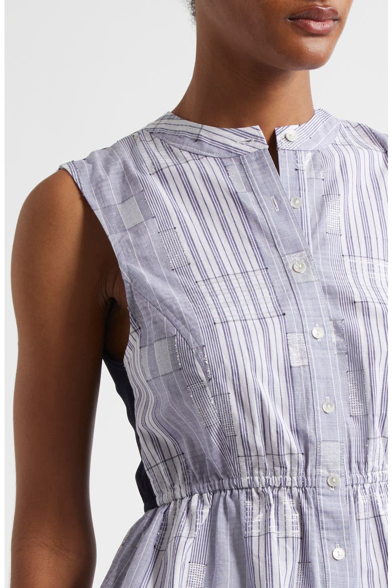 Kezia Sleeveless Metallic Mixed Media Peplum Button-Up Shirt, Alternate, color, NAVY PATCHWORK