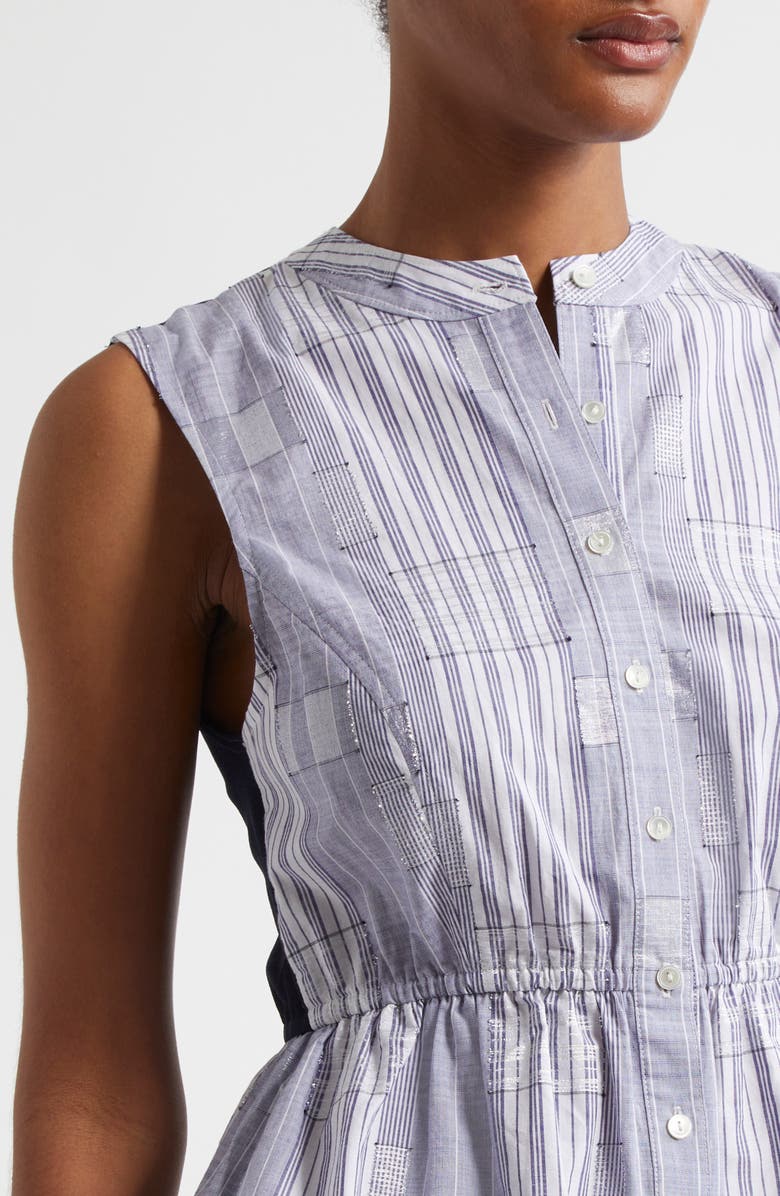 Ramy Brook Kezia Sleeveless Metallic Mixed Media Peplum Button-Up Shirt, Alternate, color, Navy Patchwork