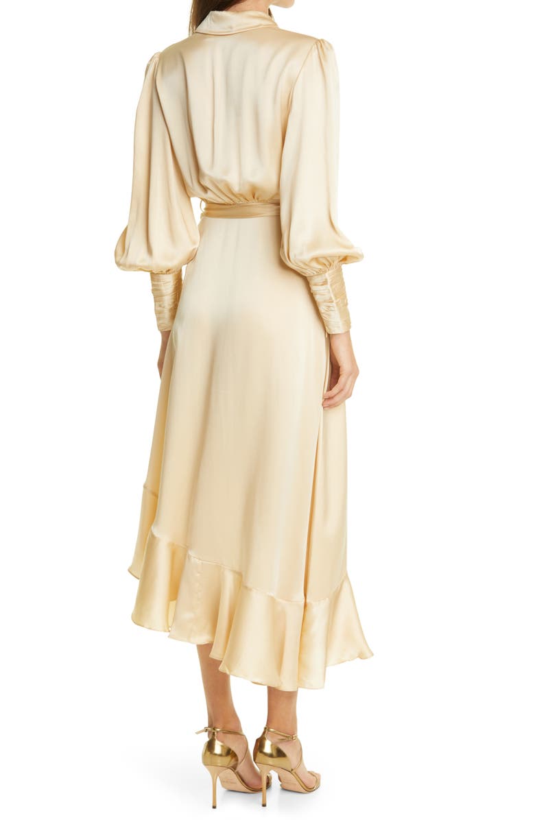 Zimmermann Long Sleeve Silk Satin Wrap Dress, Alternate, color, 