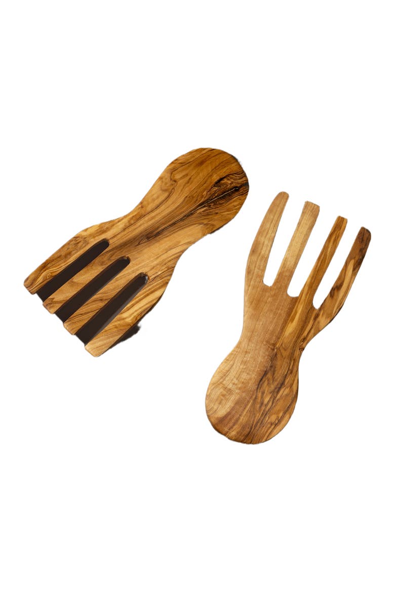 Olive Wood Salad Servers Flat Forks Set, Alternate, color, Natural