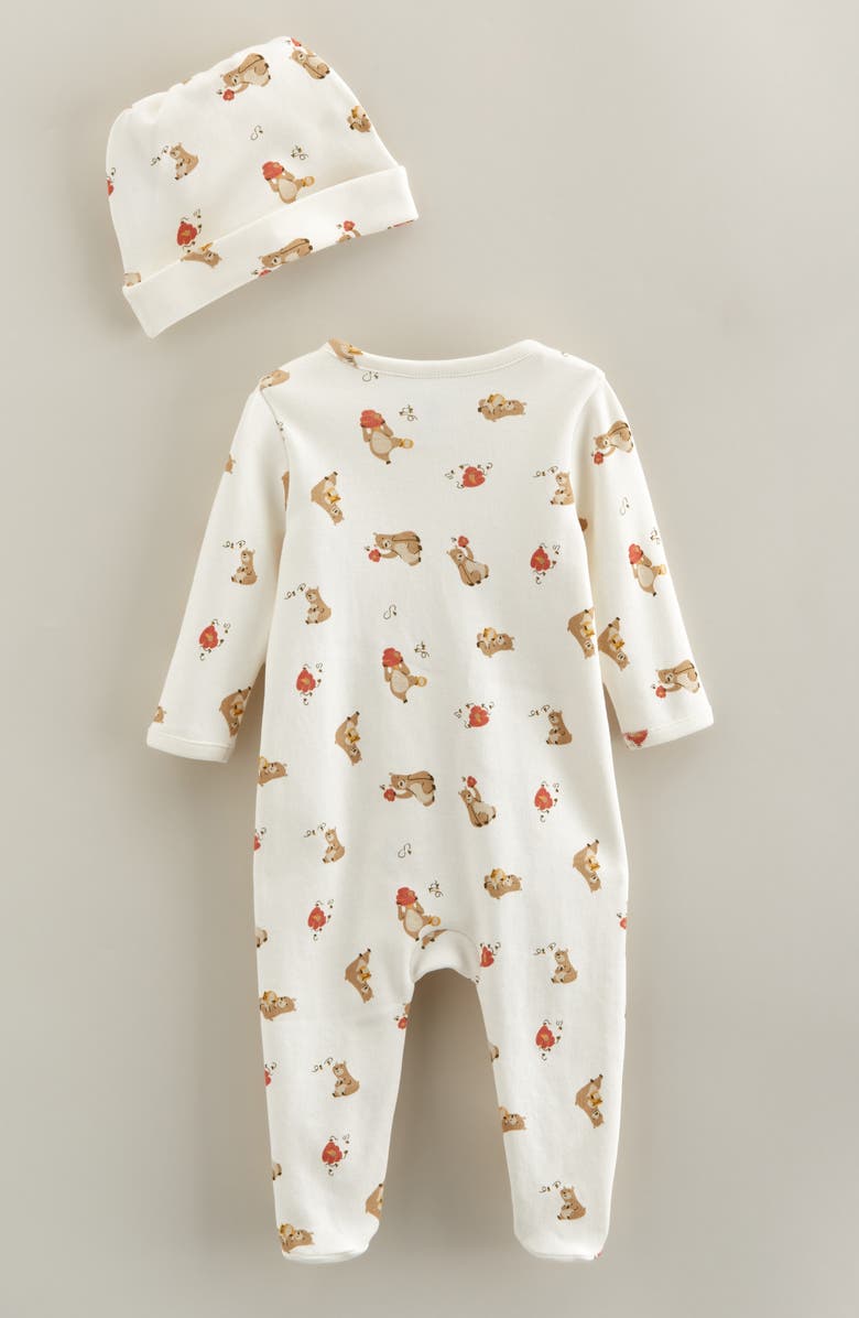 Nordstrom Print Zip Footie & Beanie Set, Alternate, color, Ivory- Yellow Honey Bears