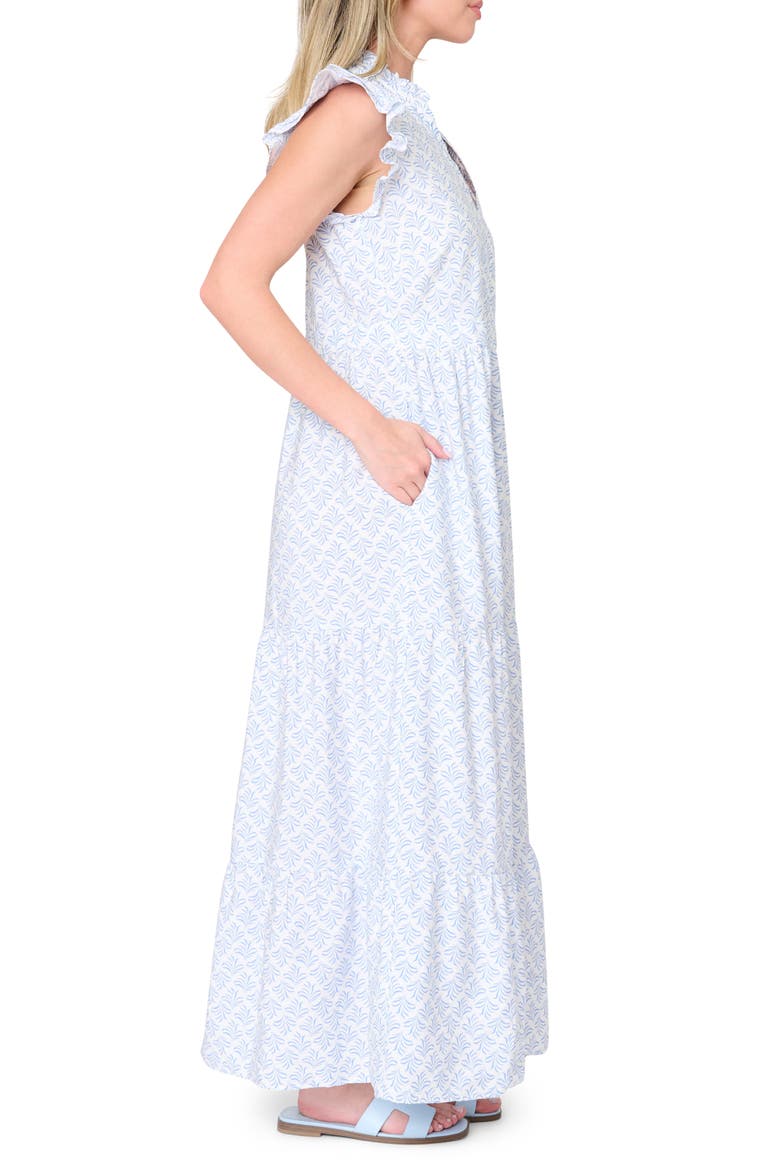 Print Flutter Sleeve Maxi Dress, Alternate, color, BLUE MOTIF LEAF