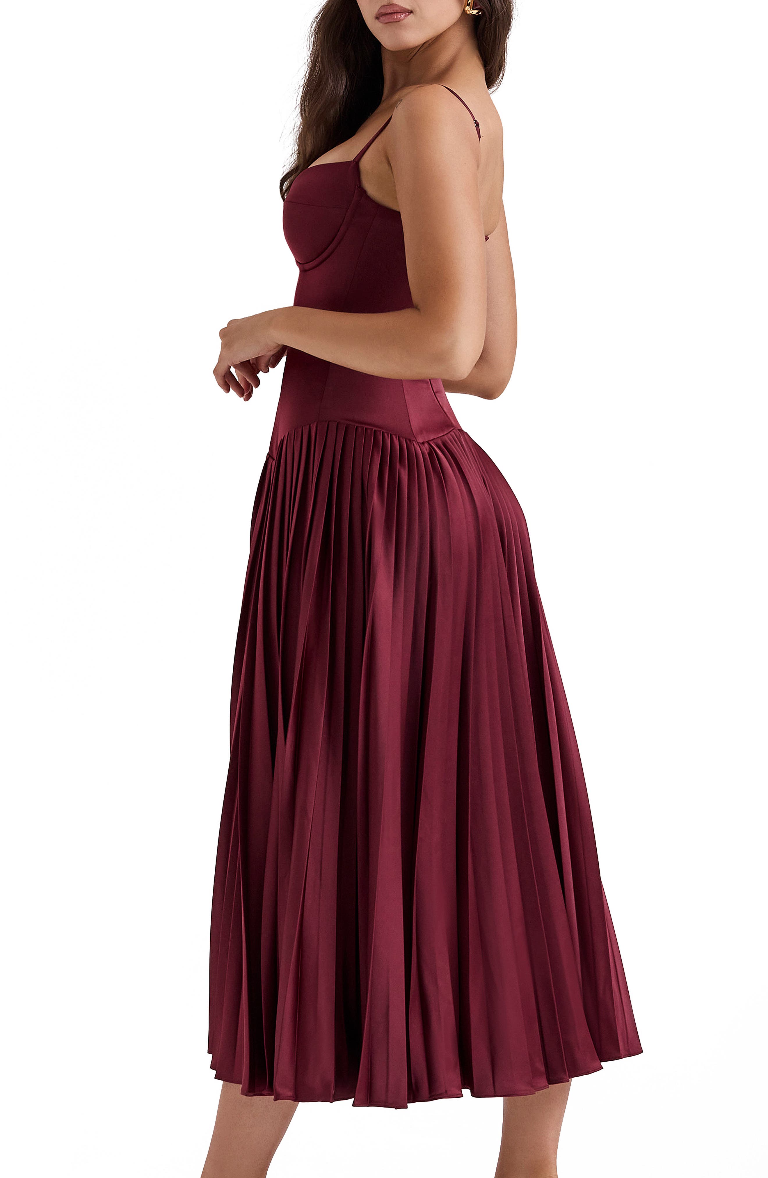house of cb beau corset pleated sleeveless maxi dress Beau Wine Pleated Midi Dress