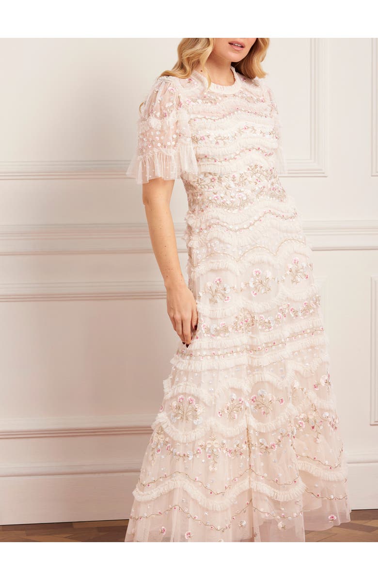 Needle & Thread Marina Ruffle Ankle Gown, Alternate, color, Cream/Multi