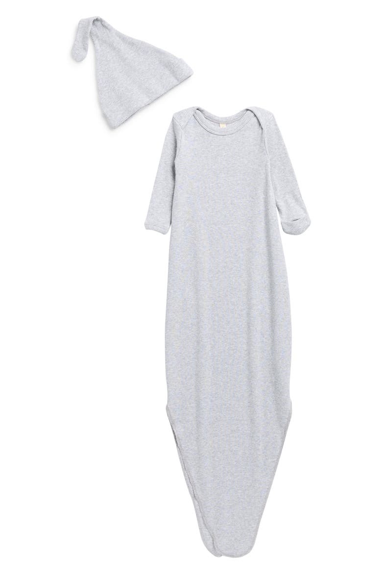 Rib Knotted Organic Cotton Blend Gown & Hat Set, Main, color, BLUE