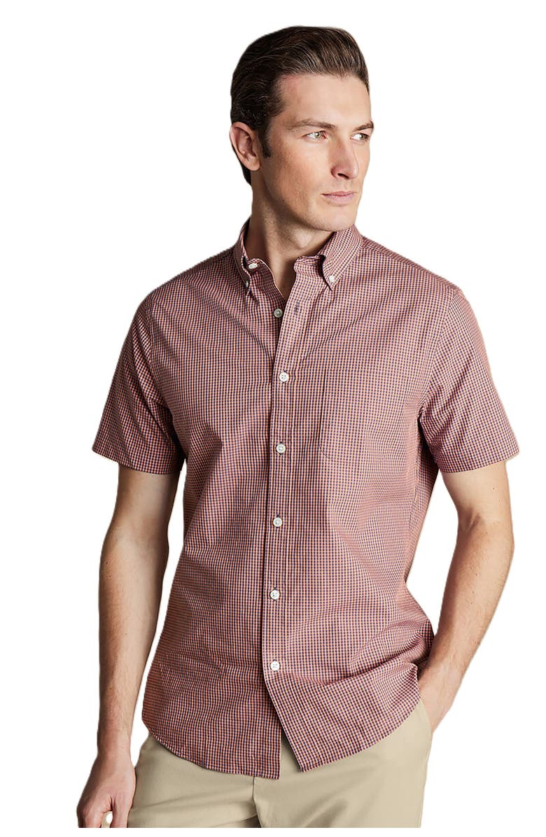 Charles Tyrwhitt Slim Fit Light Button-Down Collar Non-Iron Stretch Poplin Mini Gingham Short Sleeve Shirt, Main, color, Light Coral Pink