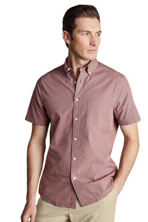 Slim Fit Light Button-Down Collar Non-Iron Stretch Poplin Mini Gingham Short Sleeve Shirt