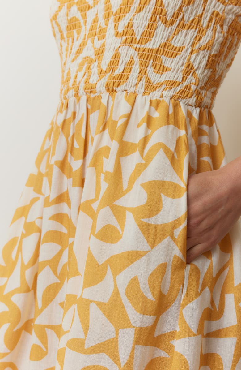 Marine Layer Selene Geo Print Smocked Tiered Maxi Sundress, Alternate, color, Marigold Geo