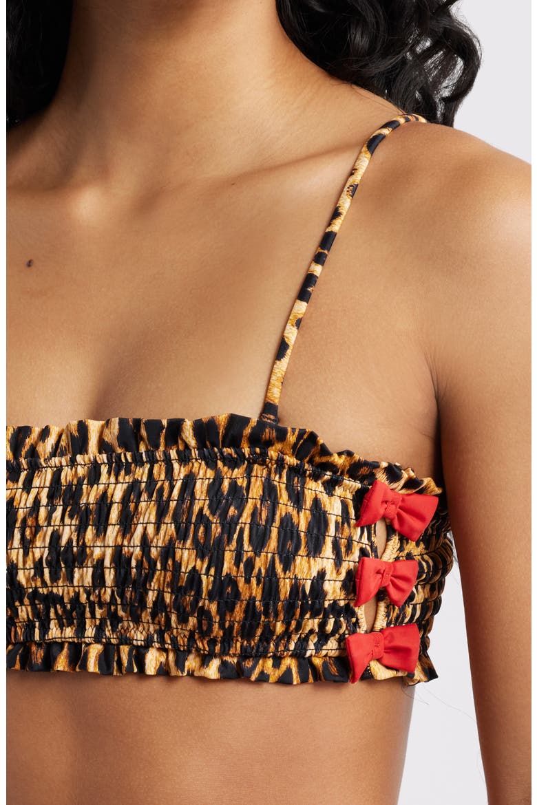 Leopard Smocked Bow Bandeau Bikini Top, Alternate, color, BROWN