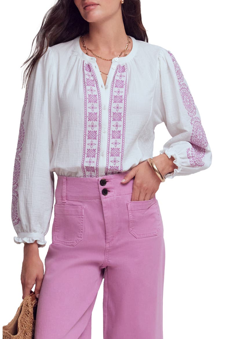 Camille Double Cloth Cotton Top, Main, color, WHITE EMBROIDERED
