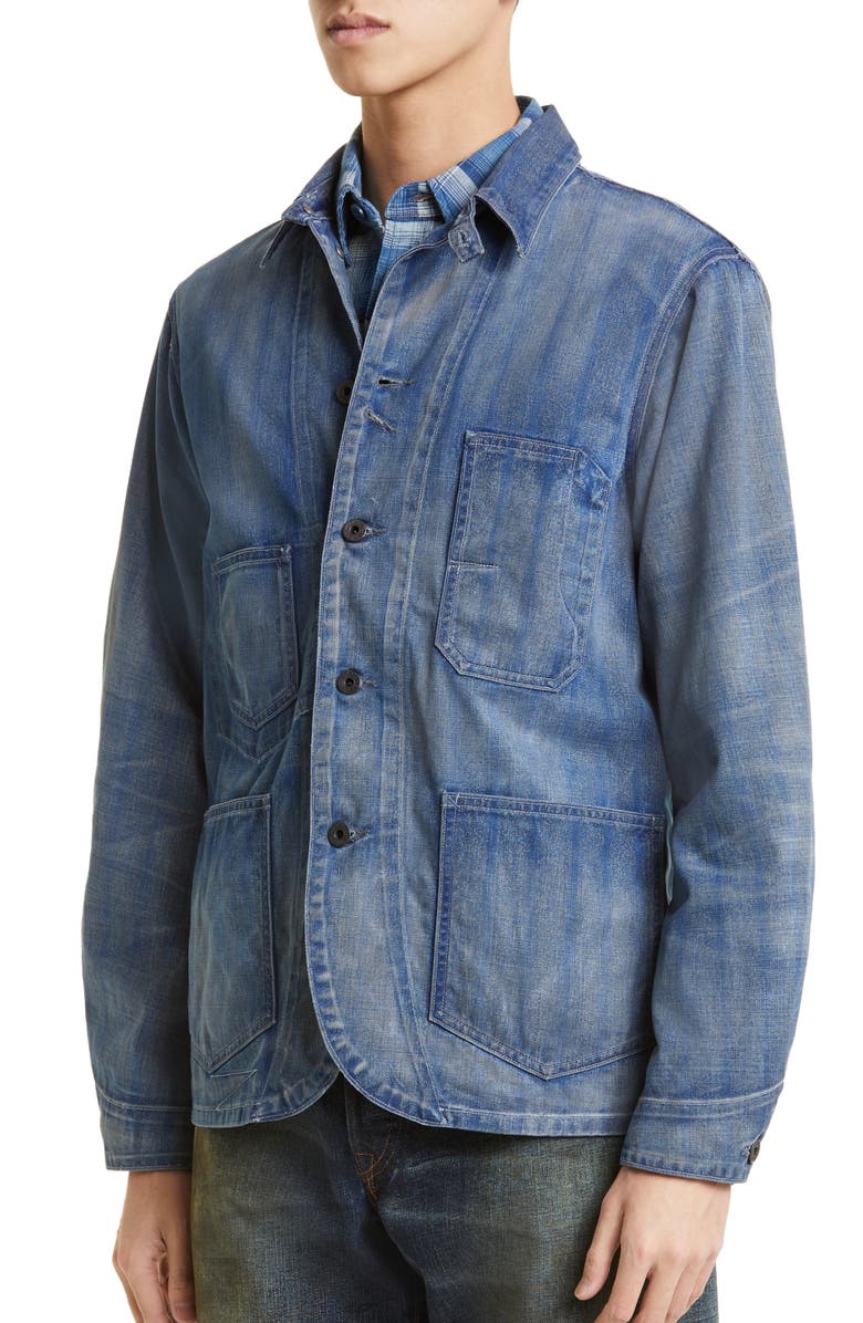 Double RL Indigo Stripe Twill Engineer Coat, Alternate, color, 