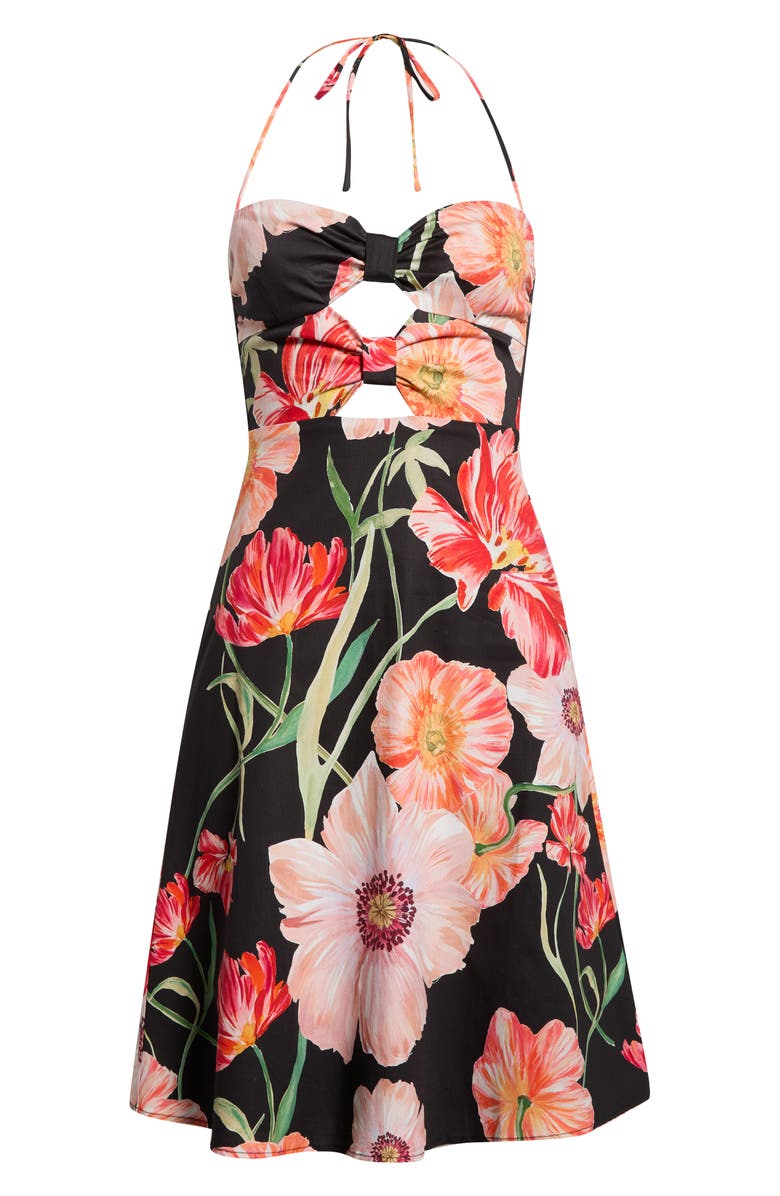 WAYF In Bloom Cutout Detail Halter Neck Stretch Cotton Dress, Alternate, color, Black Poppies