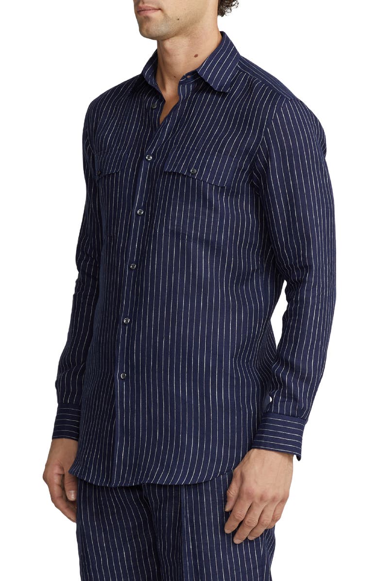 Ralph Lauren Purple Label Norfolk Pinstripe Linen Button-Up Shirt, Alternate, color, 
