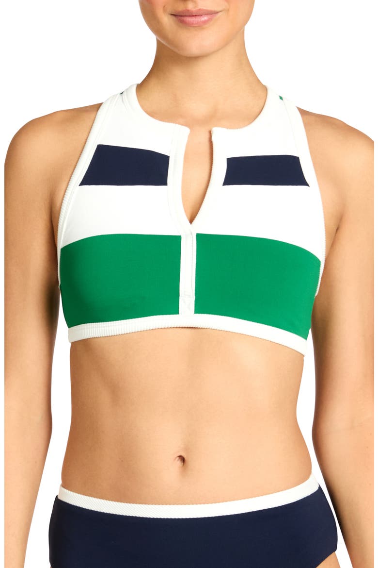 Jacqui Stripe Racerback Bikini Top, Main, color, NAVY/ GRASS/ CREAM