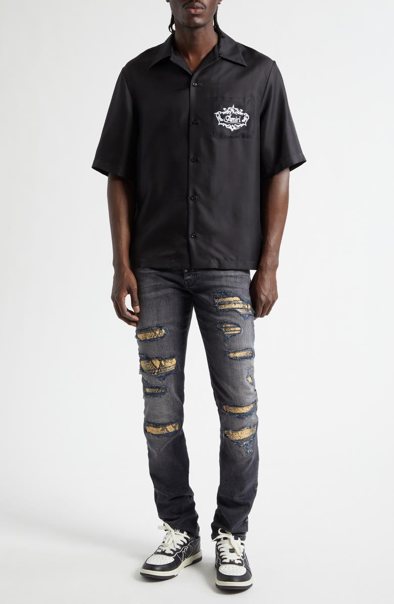 AMIRI Chateau Amiri Crest Silk Camp Shirt, Alternate, color, Black