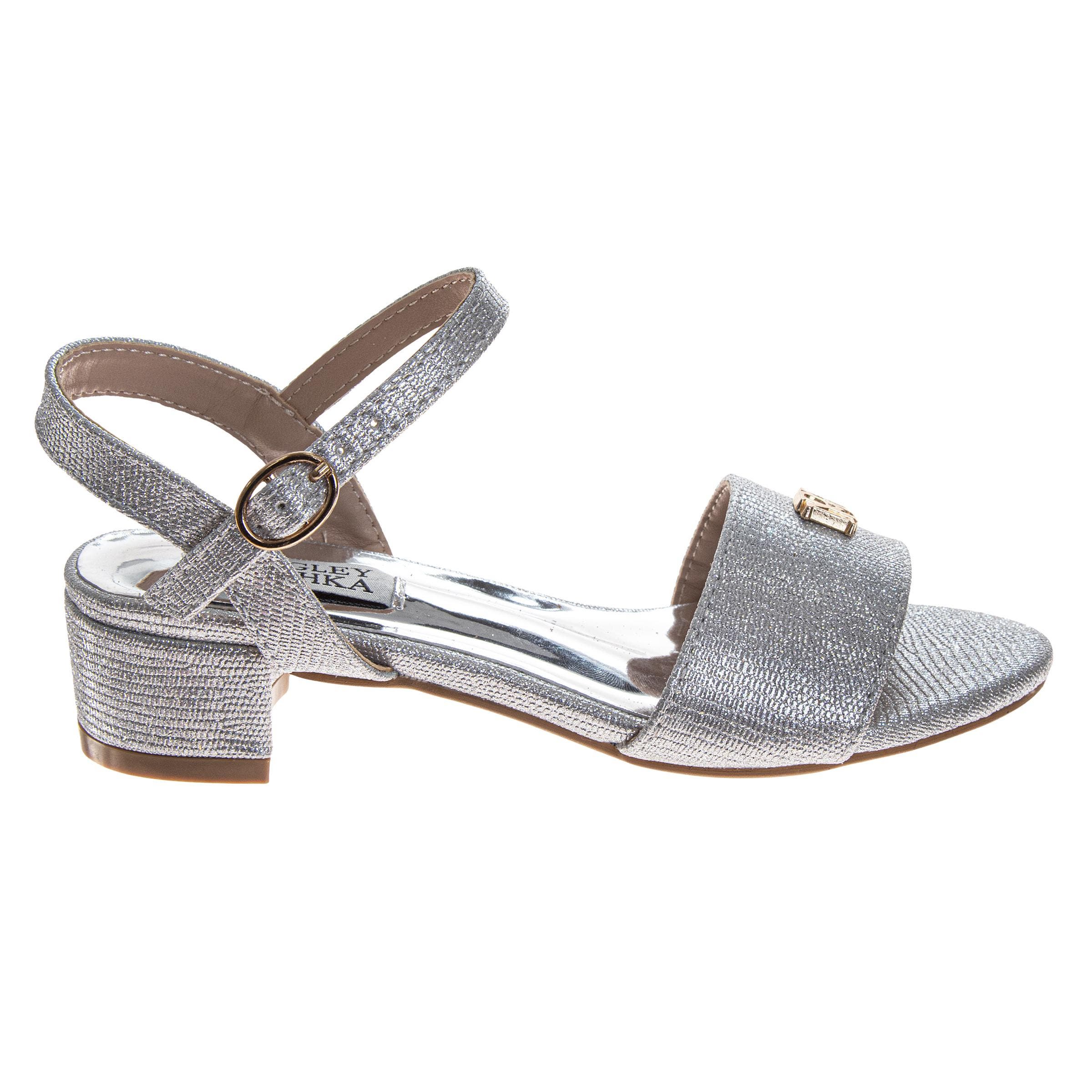 BADGLEY MISCHKA Dress Sandals for Girls Elegant Rhinestone Ankle Straps, Alternate, color, Silver