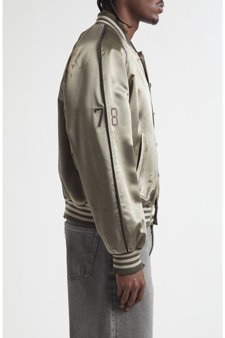 Gender Inclusive Journey Distressed Satin Bomber Jacket, Alternate, color, FOREST