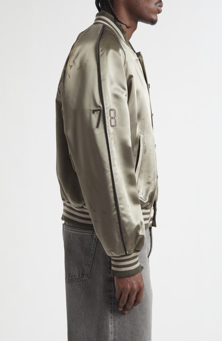 Golden Goose Gender Inclusive Journey Distressed Satin Bomber Jacket, Alternate, color, Forest