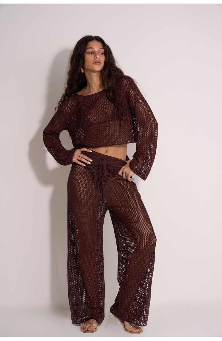 Gottex Beach Life Anna Two Crochet Long Sleeve Beach Top, Main, color, Dark-Brown