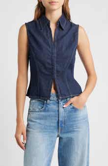 MANGO Maria Collared Cotton & Linen Denim Top