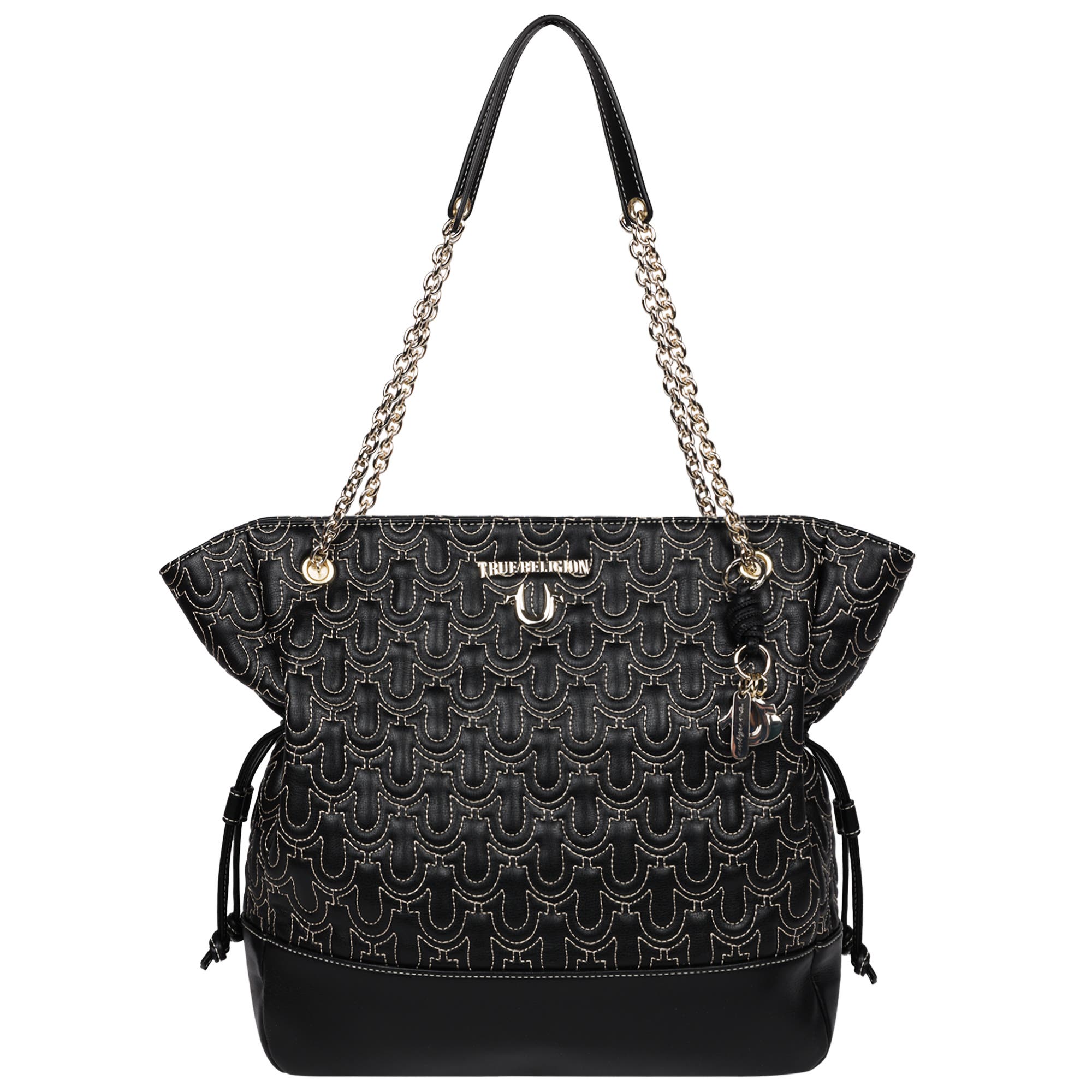 True Religion Cinch Side Soft Logo Tote, Main, color, Black