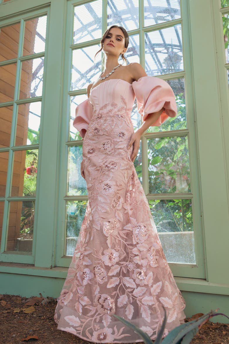 Satin Off The Shoulder Embroidered Mermaid Gown, Alternate, color, Rose