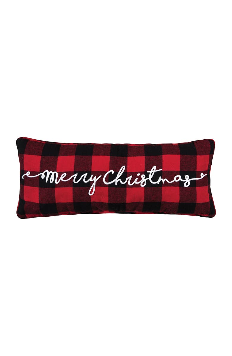 C&F Home Plaid Checkered "Merry Christmas" Embroidered Cotton Blend Mini Accent Pillow 9" x 22", Main, color, Black