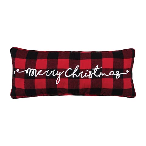 Plaid Checkered "Merry Christmas" Embroidered Cotton Blend Mini Accent Pillow 9" x 22"
