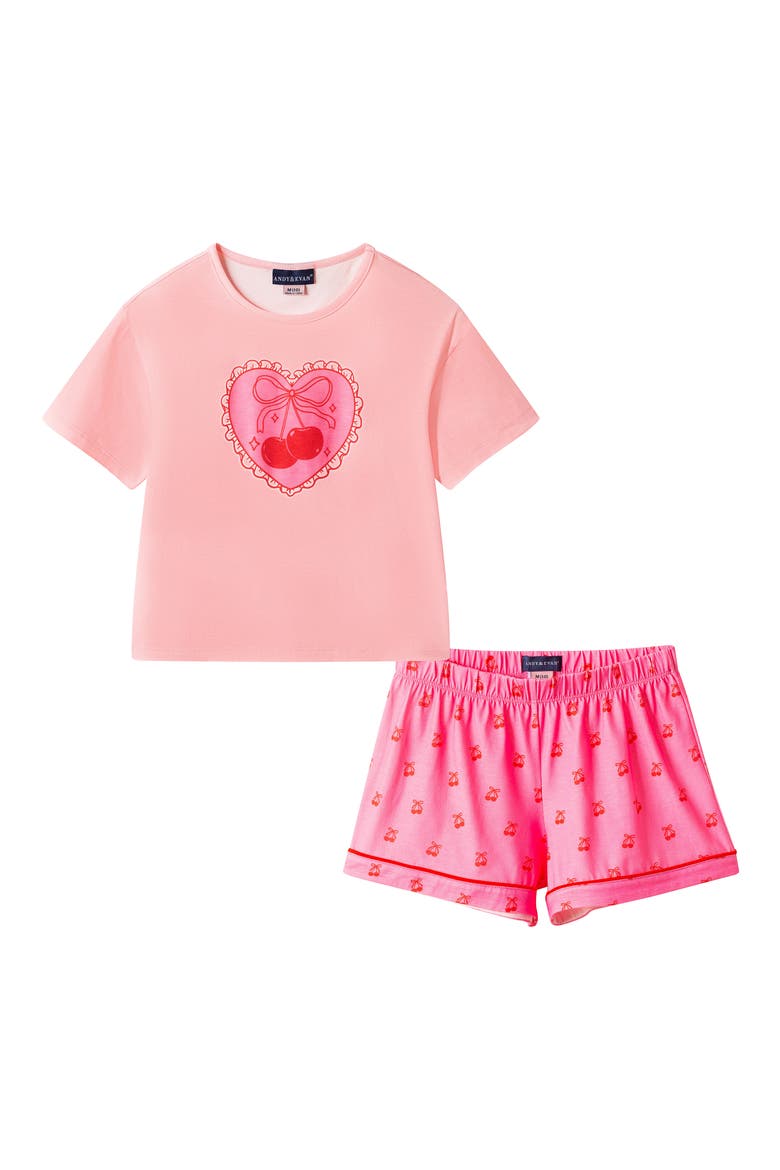 Kids' Cherry Print Two-Piece Short Pajamas, Main, color, PINK CHERRY