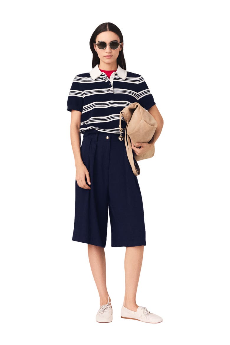 Striped polo with rhinestone collar, Alternate, color, Ecru/navy blue