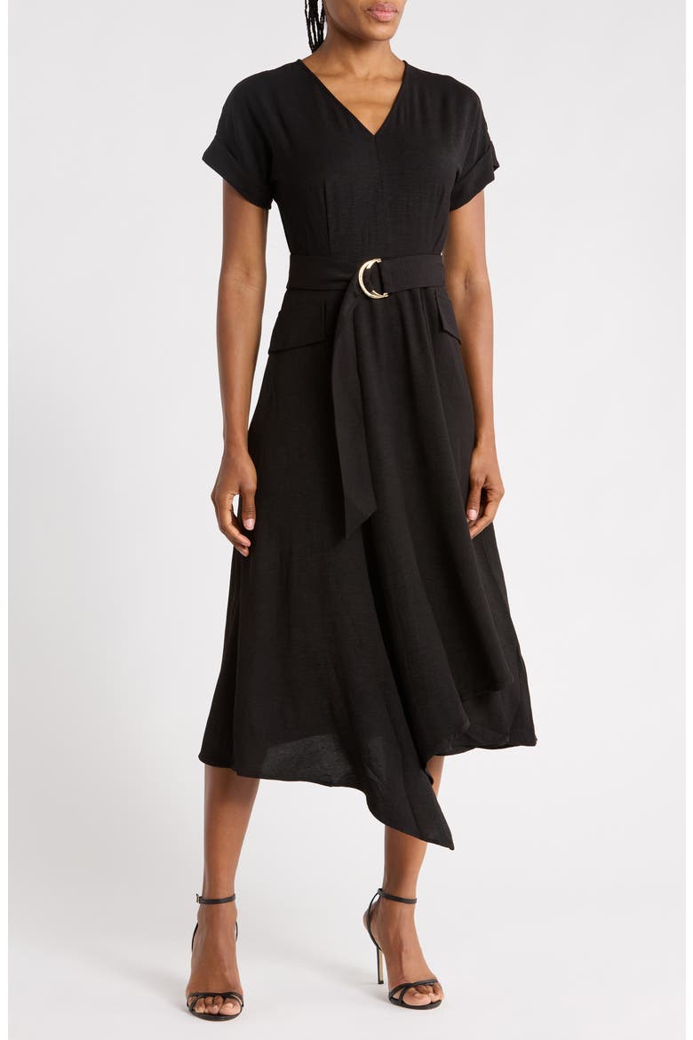 Aerowash Belted Asymmetric Midi Dress, Main, color, BLACK