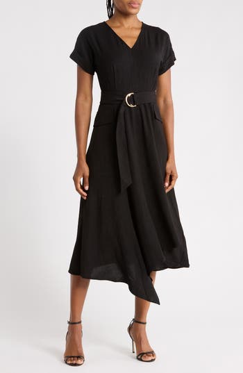 Karl Lagerfeld Paris Aerowash Belted Asymmetric Midi Dress In Black