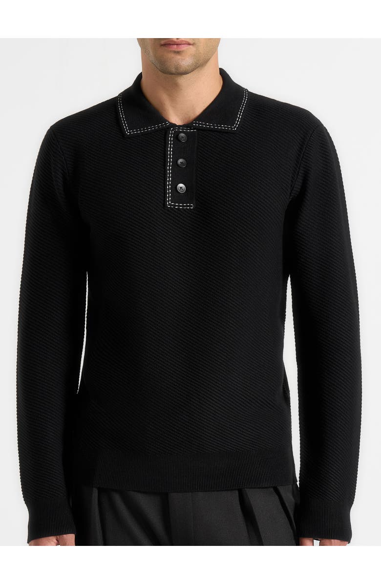 Manière De Voir Aymeric Whipstitch Detail Long Sleeve Knit Polo Shirt, Alternate, color, Black