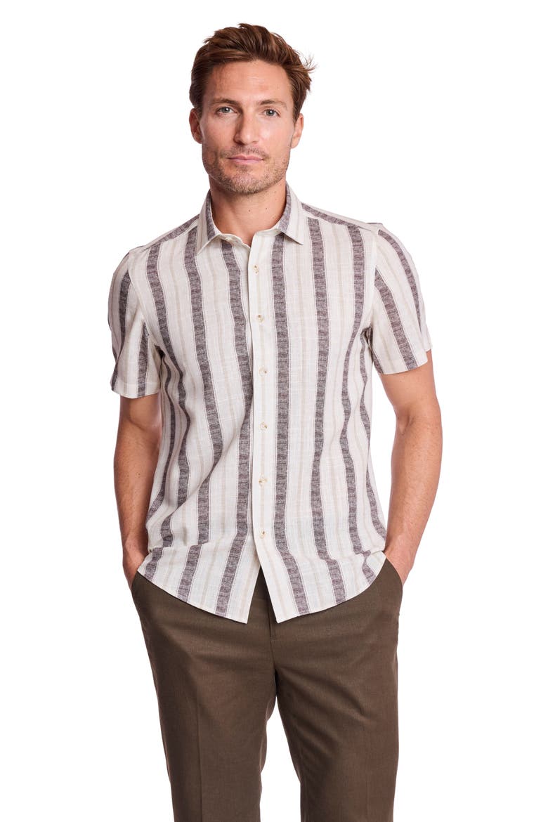 Sawyer Short Sleeve Linen Blend Button-Up Shirt, Alternate, color, TAN BROWN STRIPES
