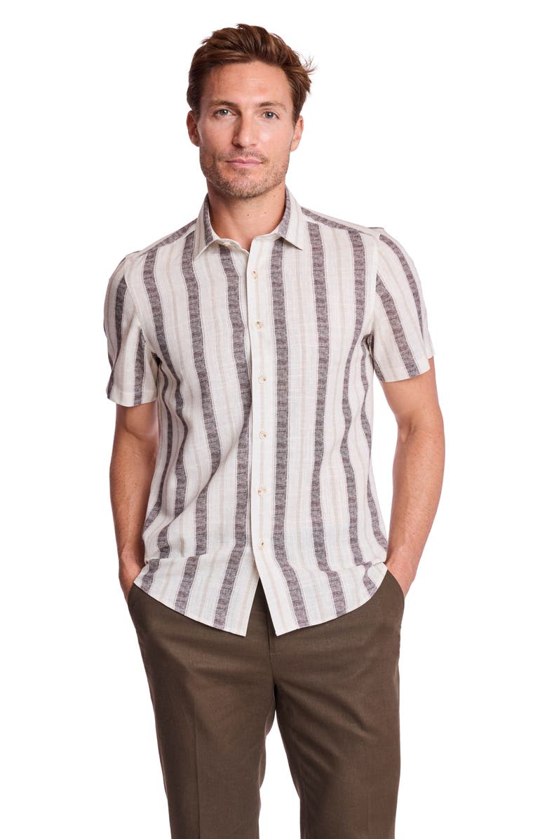PAISLEY & GRAY Sawyer Short Sleeve Linen Blend Button-Up Shirt, Alternate, color, Tan Brown Stripes