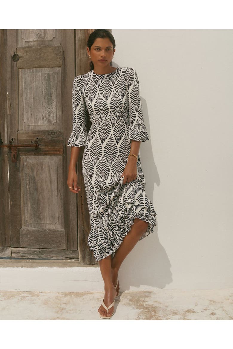 Printed Ruffle Detail Midi Dress, Alternate, color, Blue