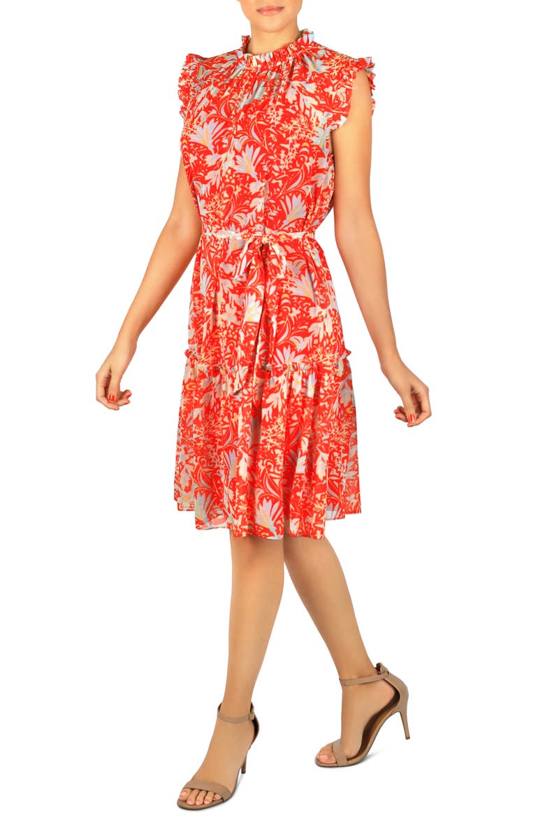 Ruffle Sleeve Fit & Flare Dress, Alternate, color, ORANGE MULTI