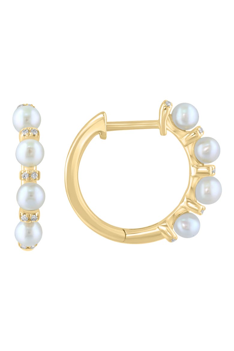 14K Yellow Gold 3mm Freshwater Pearl & Diamond Huggie Hoop Earrings - 0.06ct., Main, color, WHITE