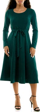 Nina Leonard Sylvia Long Sleeve Tie Waist Midi Dress