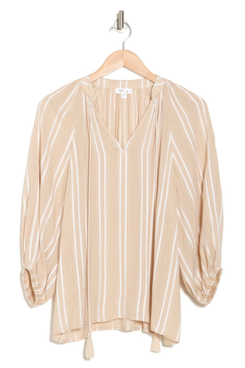 Stripe Woven Split Neck Top, Alternate, color, CREAM/ WHITE