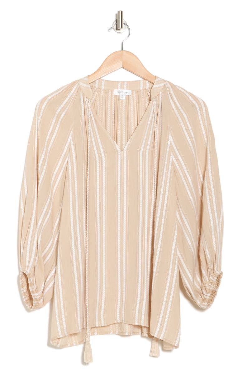 Gemma + Jane Stripe Woven Split Neck Top, Alternate, color, Cream/ White