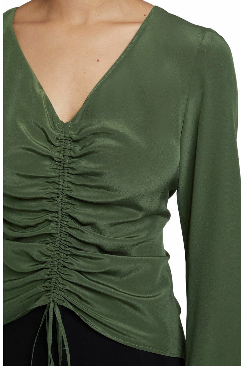 RAVELA Bell Sleeve Silk Blouse with Front Center Drawstring, Alternate, color, MOSS