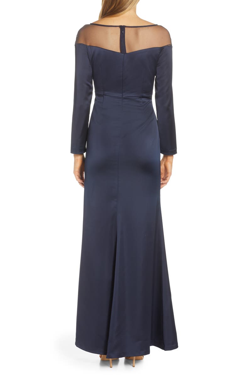 Adrianna Papell Long Sleeve Illusion Off the Shoulder Satin Gown, Alternate, color,