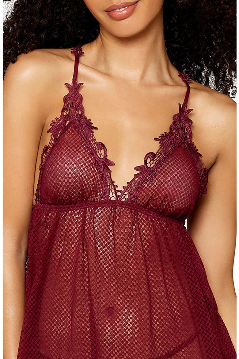 Lace Trim Mesh Babydoll Chemise & G-String Thong, Alternate, color, BURGUNDY