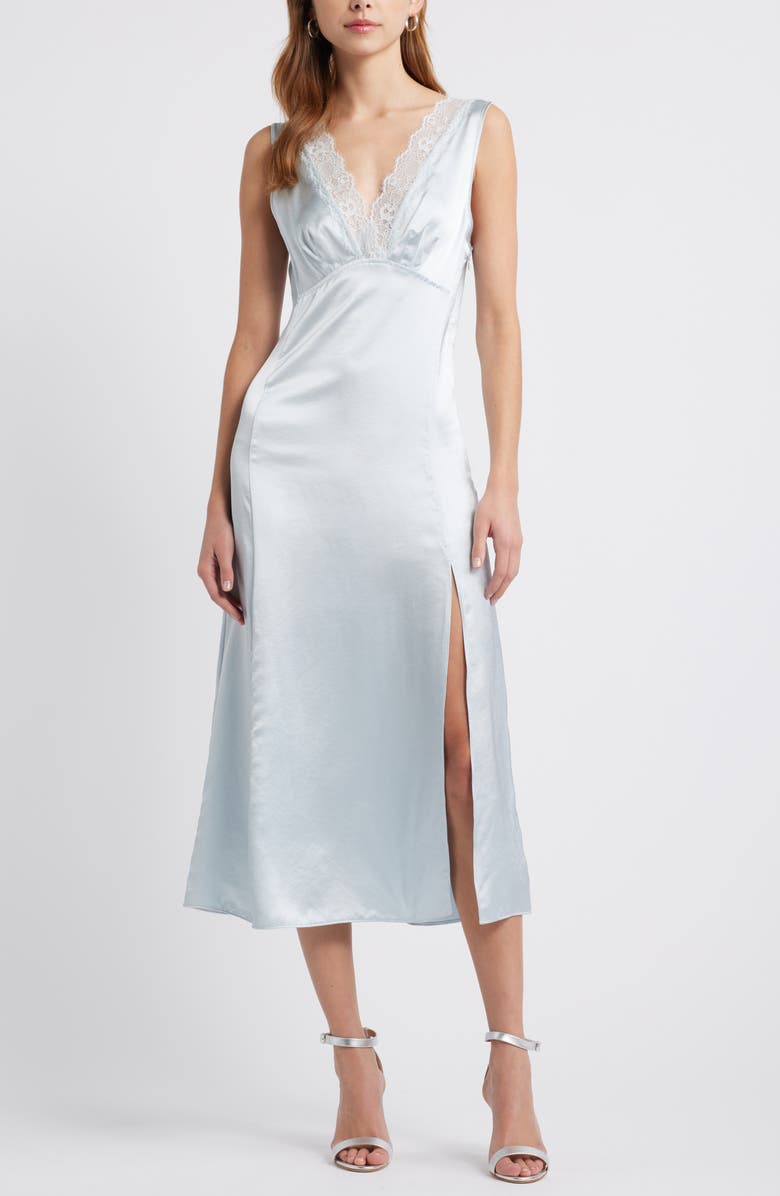 Open Edit Lace Trim Satin Slipdress, Main, color, Blue Air